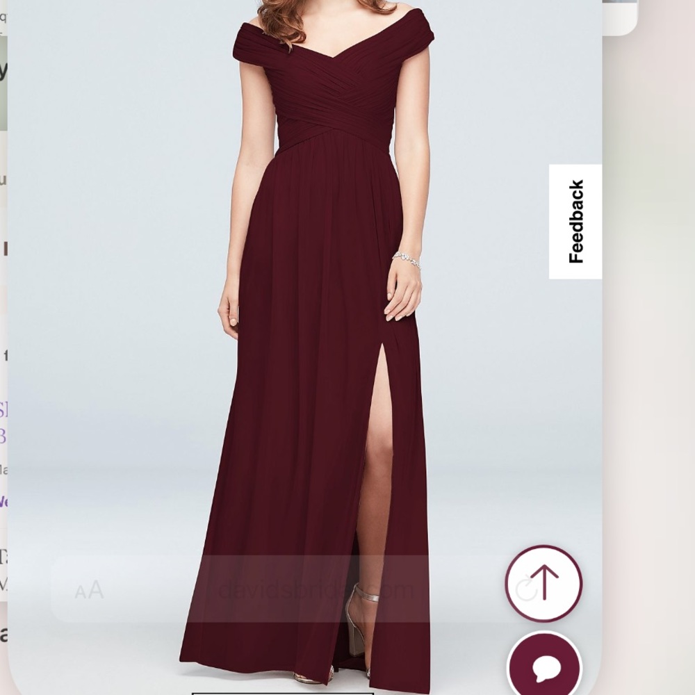 David’s Bridal wine colored bridesmaids gown off the shoulder.